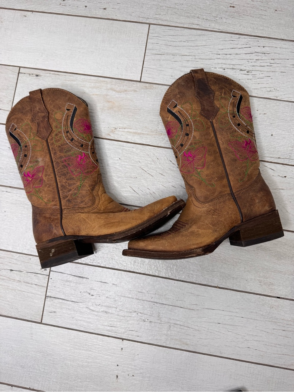 Corral Teens A0007 Western Brown Leather Floral Square Toe Boots Teen Sz 3 T